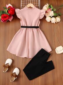 SHEIN 少女荷葉邊高低搭配腰帶上衣和緊身褲 - 粉色 - 查看 2