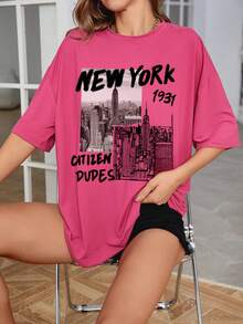 SHEIN EZwear 建築和字母圖案落肩T恤 - 玫紅色 - 查看 6