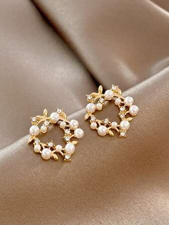 1 對時尚不鏽鋼水鑽和人造珍珠裝飾圓形耳環女式日常裝飾