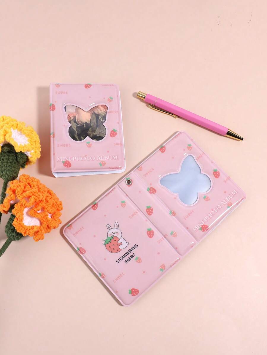 1pc Butterfly & Strawberry Pattern Photo Card Book, Cartoon Animal & Fruit Print Photo Album For Office - Pink - View 1
