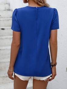 SHEIN LUNE Chain Detail Puff Sleeve Key Hole Neckline Blouse - Blue - View 2