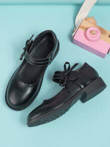 Girls Black Bow Decor Hook-and-loop Fastener Mary Jane Flats For Outdoor - Black - View 2