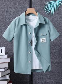 男孩字母補丁細節翻蓋口袋襯衫不帶T恤 - 薄荷綠 - 查看 1