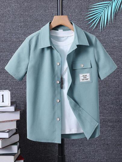 男孩字母補丁細節翻蓋口袋襯衫不帶T恤