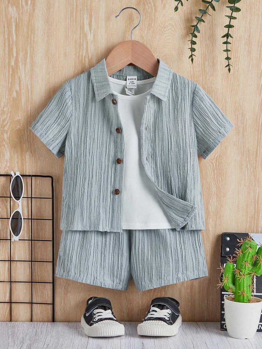 SHEIN Baby Boy Solid Button Front Shirt & Shorts Without Tee - Dusty Blue - View 1