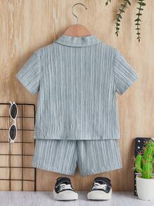 SHEIN Baby Boy Solid Button Front Shirt & Shorts Without Tee - Dusty Blue - View 2