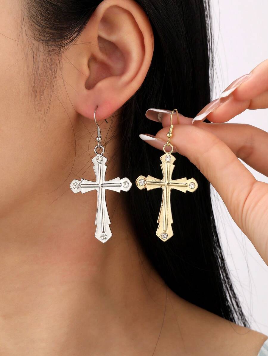 2pairs/set Fashionable Rhinestone Decor Cross Drop Earrings For Women For Daily Decoration - Multicolor - View 1