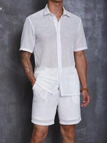 Manfinity Homme Men Hollow Out Shirt & Drawstring Waist Shorts Set - White - View 2