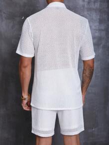 Manfinity Homme Men Hollow Out Shirt & Drawstring Waist Shorts Set - White - View 3
