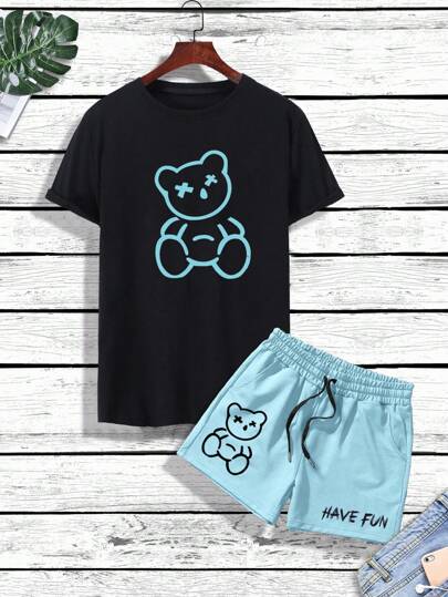 Guys Bear Print Tee & Drawstring Waist Shorts