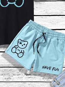 Manfinity Hypemode Men Bear Print Tee & Drawstring Waist Shorts - Multicolor - View 5