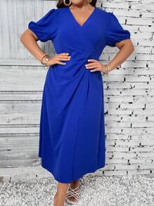 SHEIN LUNE Vestido de manga farol con diseño de botón - azul real - Ver 1