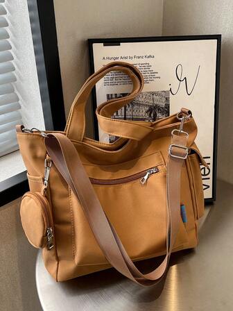 購物袋帶零錢包前拉鏈可調整肩帶側邊口袋棕色的