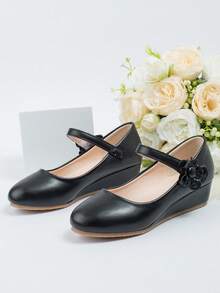 女孩花朵裝飾魔術貼設計公主坡跟平底鞋適用於戶外 - 黑色 - 查看 3