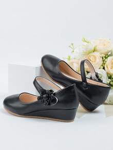 女孩花朵裝飾魔術貼設計公主坡跟平底鞋適用於戶外 - 黑色 - 查看 4