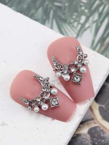 10 件装美甲合金饰品月亮星星锆石同款仿珍珠巴洛克风格指甲装饰 - 銀色 - 查看 2