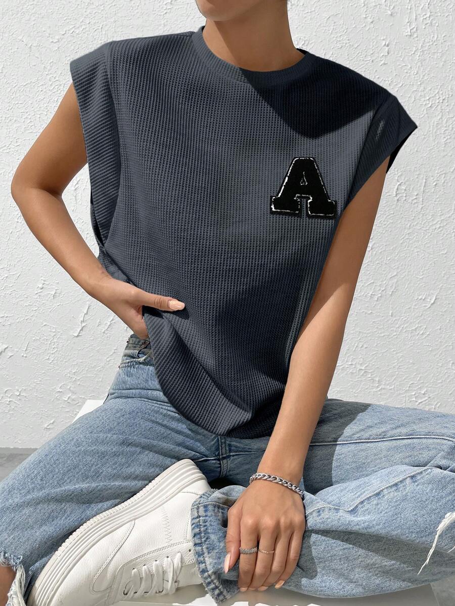 SHEIN EZwear تي شيرت مدرز بالحروف منسوجة وافل اكمام جناح الخفاش