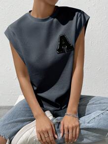 SHEIN EZwear تي شيرت مدرز بالحروف منسوجة وافل اكمام جناح الخفاش