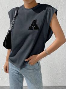 SHEIN EZwear تي شيرت مدرز بالحروف منسوجة وافل اكمام جناح الخفاش