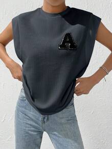 SHEIN EZwear تي شيرت مدرز بالحروف منسوجة وافل اكمام جناح الخفاش