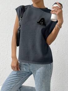 SHEIN EZwear تي شيرت مدرز بالحروف منسوجة وافل اكمام جناح الخفاش