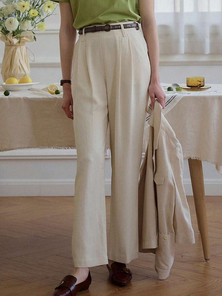 Simple Retro Solid Slant Pocket Suit Pants Without Belt - Beige - View 1