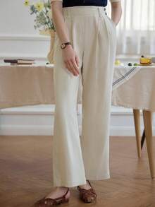 Simple Retro Solid Slant Pocket Suit Pants Without Belt - Beige - View 3