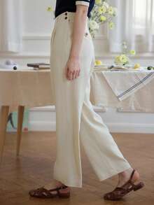 Simple Retro Solid Slant Pocket Suit Pants Without Belt - Beige - View 4