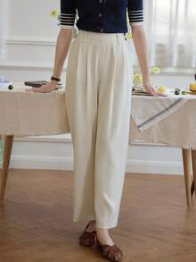 Simple Retro Solid Slant Pocket Suit Pants Without Belt - Beige - View 6