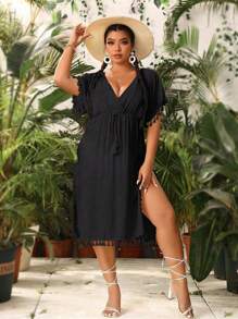 Swim Vcay Summer Beach Plus Tassel Trim Split Thigh Cover Up Dress - Black - View 1