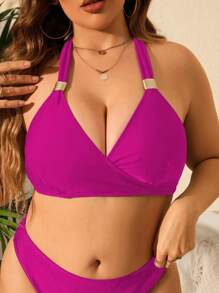 SHEIN Swim Curve Parte superior de bikini de talla grande con cuello halter, para vacaciones de verano en la playa - Rosa Fucsia - Ver 4