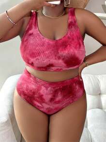 Slaydiva Summer Beach Plus Size Tie Dye High Waisted Bikini Set - Pink - View 4