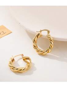 扭結圓耳環 - 金黃色 - 查看 1