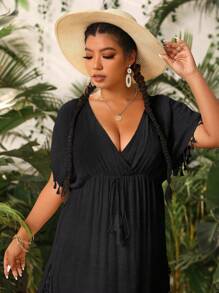 Swim Vcay Summer Beach Plus Tassel Trim Split Thigh Cover Up Dress - Black - View 5