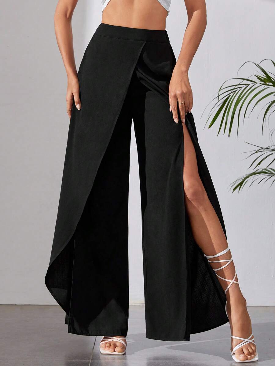 SHEIN Tall Solid Split Thigh Wide Leg Trousers - Black - View 1