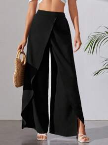 SHEIN Tall Solid Split Thigh Wide Leg Trousers - Black - View 6