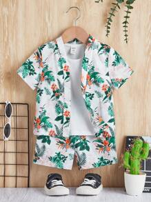 SHEIN 男嬰熱帶圖案襯衫和短褲不帶T恤 - 彩色 - 查看 1