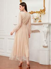 Modelyn Swiss Dot Mesh Overlay Belted Dress - Beige - View 2