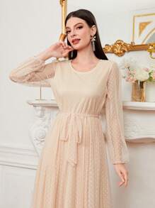 Modelyn Swiss Dot Mesh Overlay Belted Dress - Beige - View 3