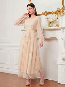 Modelyn Swiss Dot Mesh Overlay Belted Dress - Beige - View 4