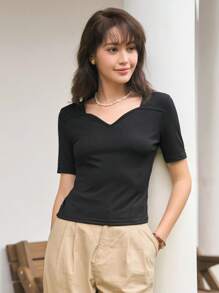 DAZY Sweetheart Neck Ribbed Knit Tee - Black - View 5