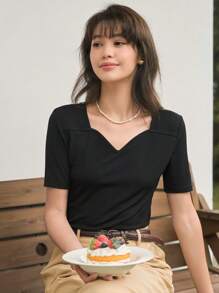 DAZY Sweetheart Neck Ribbed Knit Tee - Black - View 7