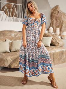 S BETRO Floral Print Off Shoulder Knot Front Ruffle Hem Dress - Multicolor - View 3