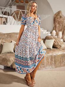 S BETRO Floral Print Off Shoulder Knot Front Ruffle Hem Dress - Multicolor - View 4