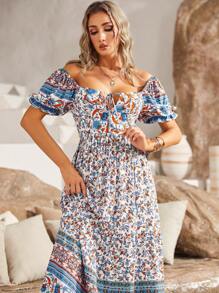 S BETRO Floral Print Off Shoulder Knot Front Ruffle Hem Dress - Multicolor - View 5
