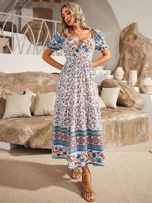 S BETRO Floral Print Off Shoulder Knot Front Ruffle Hem Dress - Multicolor - View 6