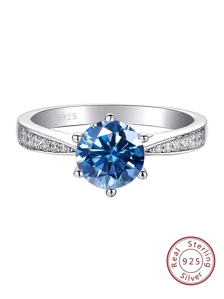 สีฟ้า มอยส์ซาไนท์ เงิน แหวน สำหรับ ผู้หญิง คลาสสิก มงกุฎ แหวนแต่งงาน พร้อม แปด & ลูกศร ตัด - สีน้ำเงินเข้ม - ดู 1