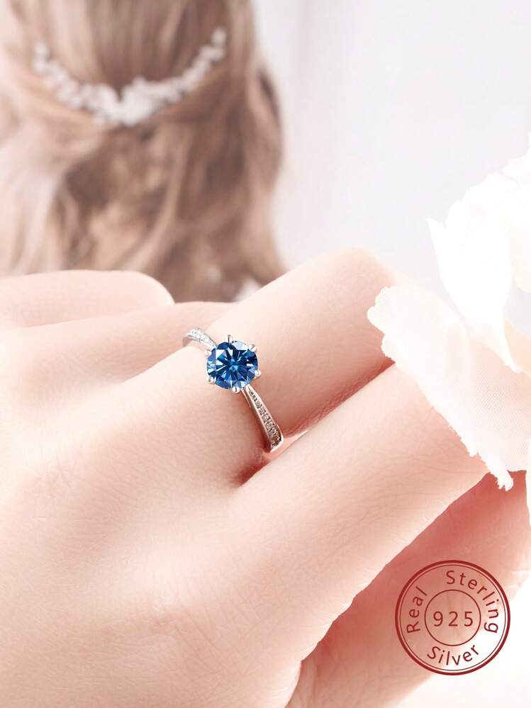 สีฟ้า มอยส์ซาไนท์ เงิน แหวน สำหรับ ผู้หญิง คลาสสิก มงกุฎ แหวนแต่งงาน พร้อม แปด & ลูกศร ตัด - สีน้ำเงินเข้ม - ดู 6