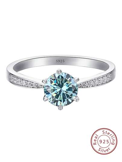 Anillo de piedra preciosa de moissanita de colores, anillo de plata de lujo con rhinestones azules