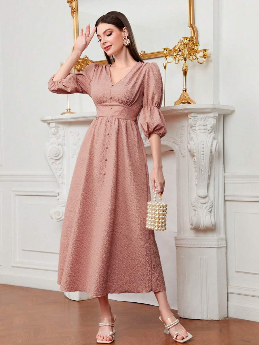 Modelyn Đầm Xù Dây kéo Nút phía trước màu trơn Thanh lịch - Bụi hồng - Xem 1